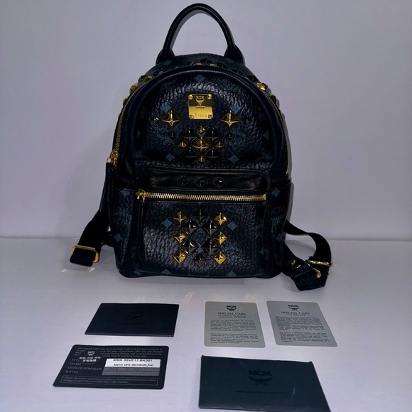 MCM Visetos Studded Colorblock Small Stark Brock Backpack Black - Picture 1 of 14